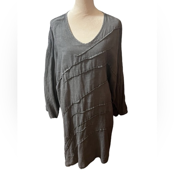 Smock Japan Gray Long Sleeve Midi dress 100% Linen Boho Lagenlook - Picture 1 of 5